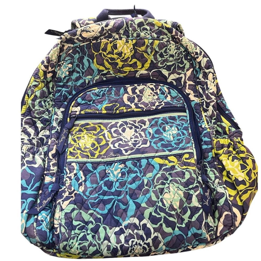 Vera Bradley Quilted Campus Backpack Blue Green Floral Print Travel School Bag